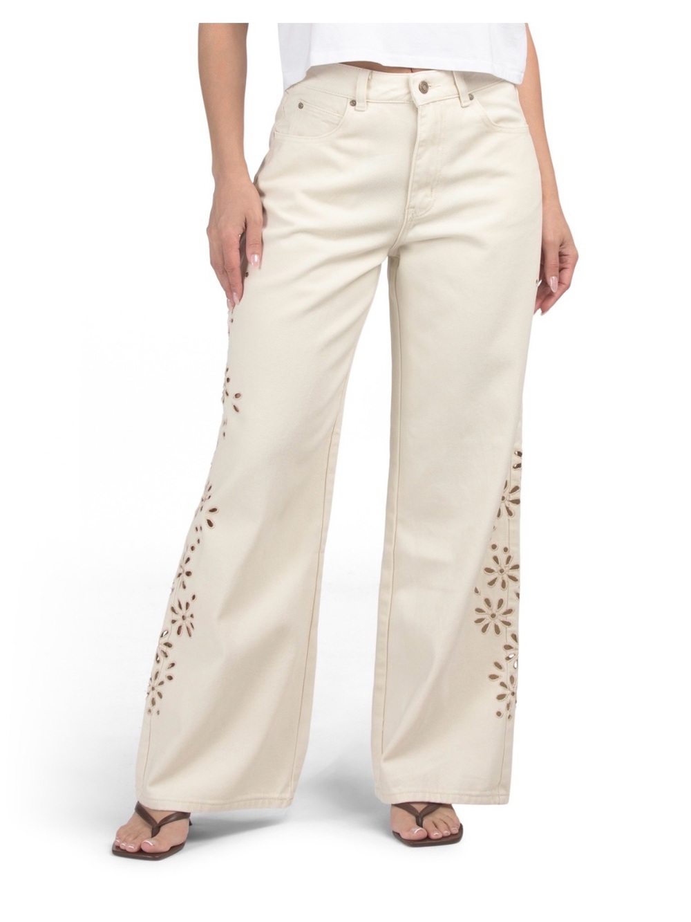 NORDSTROM HARLOW CREAM WIDE LEG JEANS WITH LASER-CUT FLORAL PANELS 28 NWOT